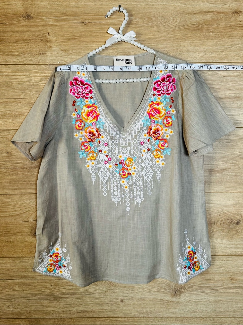 Savanna Jane Gray V-Neck Tunic with Pink, Yellow & Blue Floral Embroidery - Picture 7 of 12